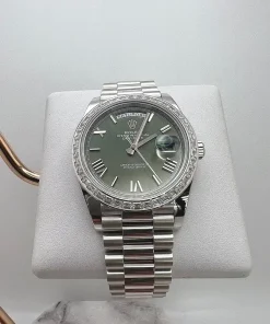 Alternative view of Rolex Day-Date 40 228396TBR Platinum Olive Green Dial Diamond Bezel