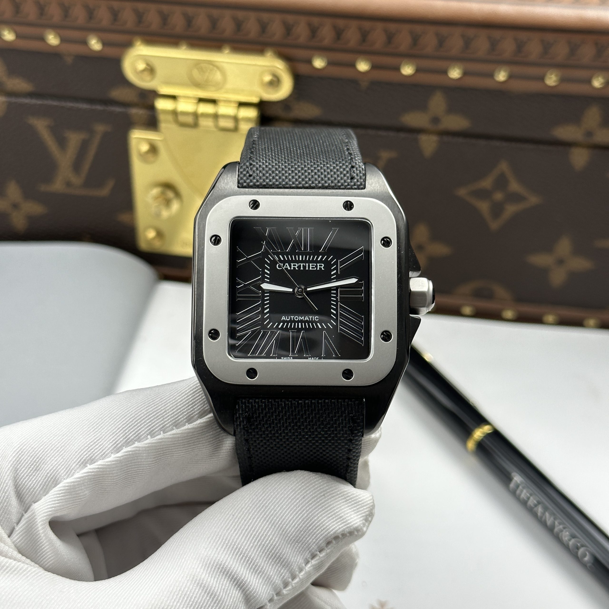Cartier Santos 100 XL Replica 11 Watch ADLC Plated Case Black Dial Grey Bezel 41x51mm