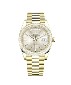 Rolex Day-Date 40 228398TBR Yellow Gold Diamond Bezel Silver Dial