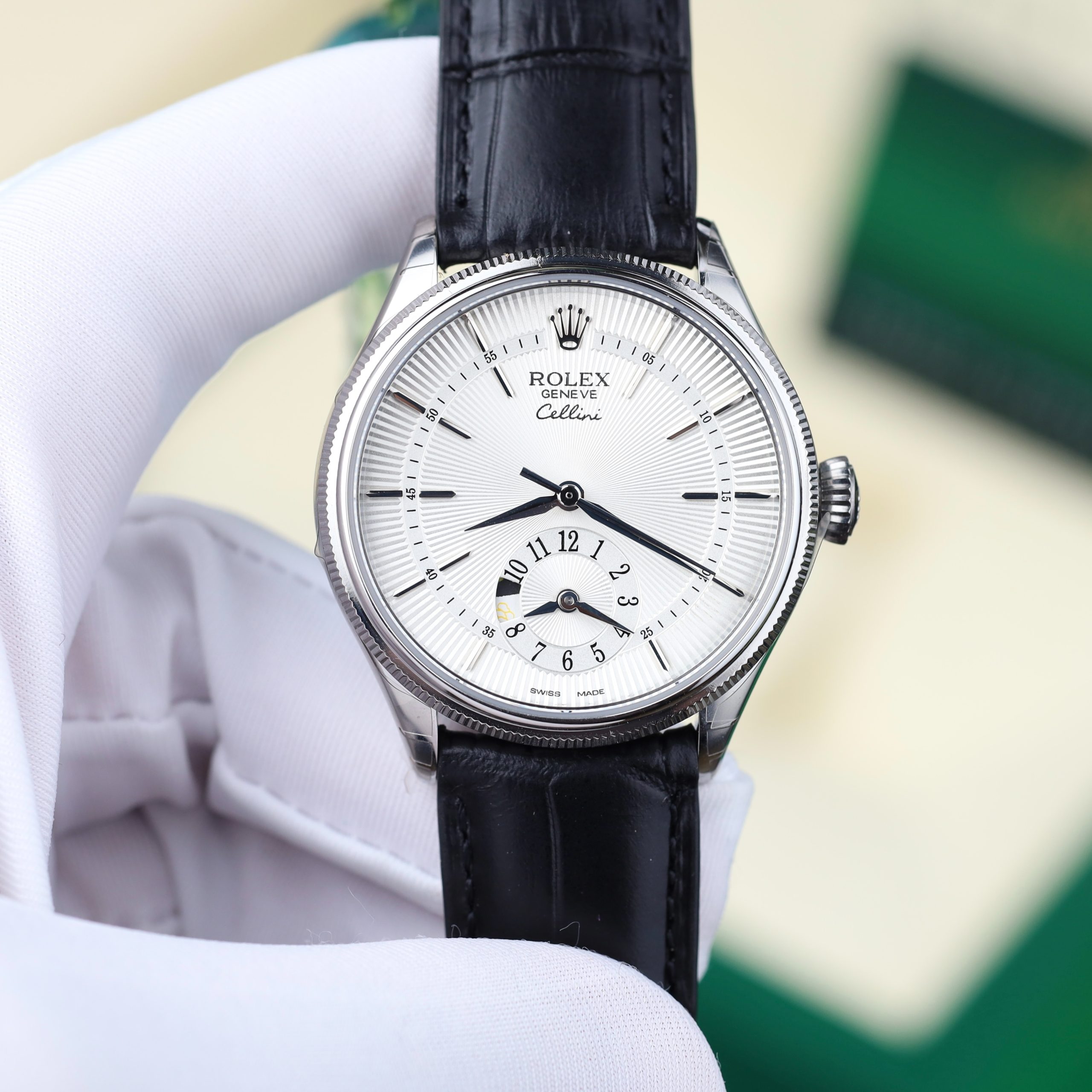 Rolex Cellini Dual Time 50525 Replica Watch Silver Dial Leather Strap KZ Factory 39mm - Image 2