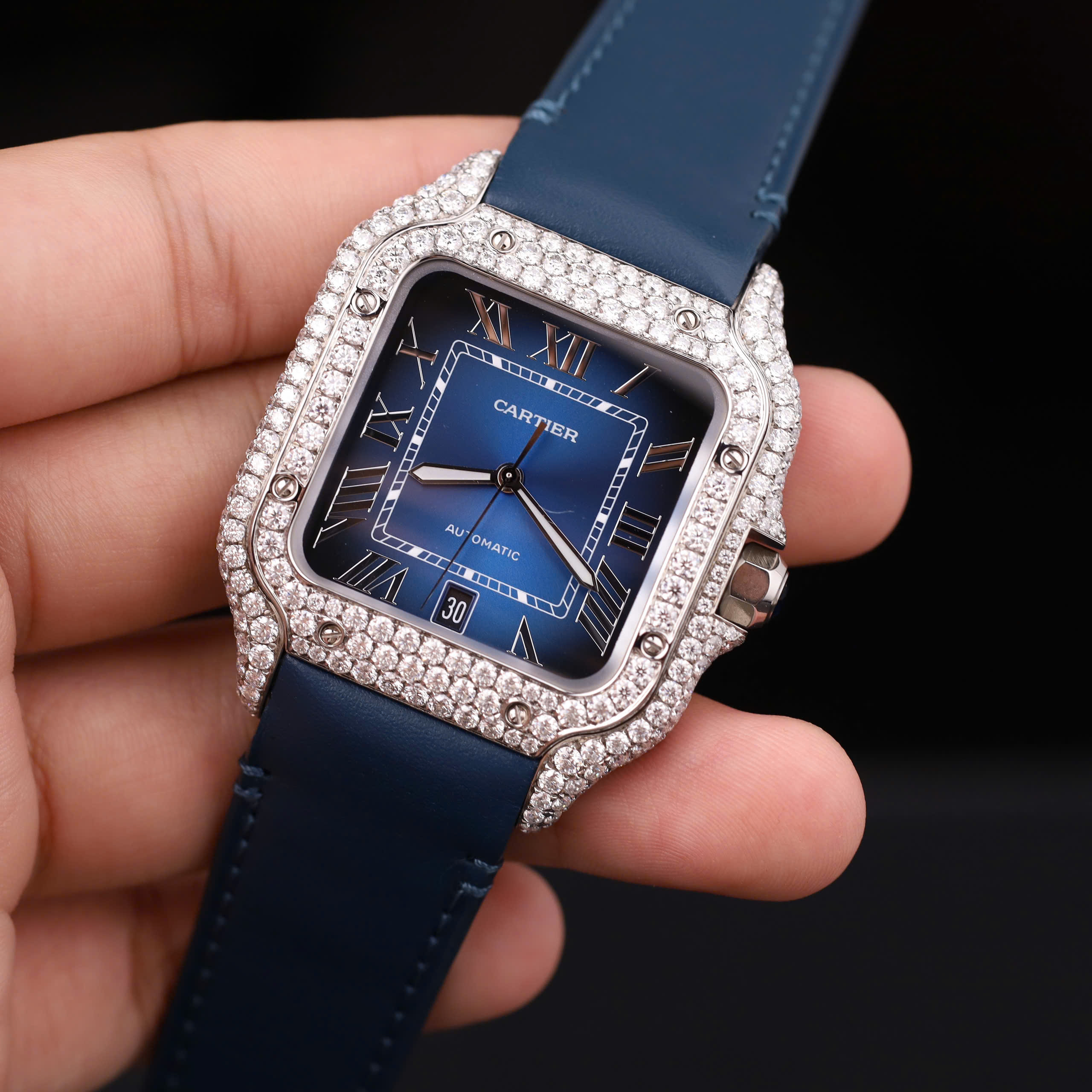 Cartier Santos Men’s Replica 11 Customs Moissanite Diamonds Blue 39.8mm - Image 7