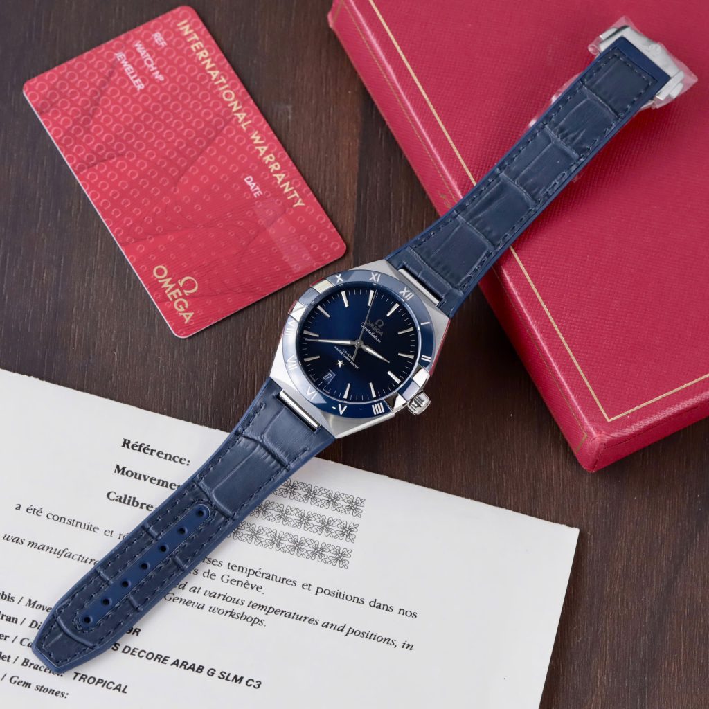 Đồng Hồ Omega Constellation Nam Replica 11 Dây Da Xanh Blue Nhà Máy VS 41mm