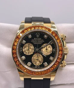 Alternative view of Rolex Daytona 116588SACO Yellow Gold Orange Sapphire Bezel Black Diamond Dial