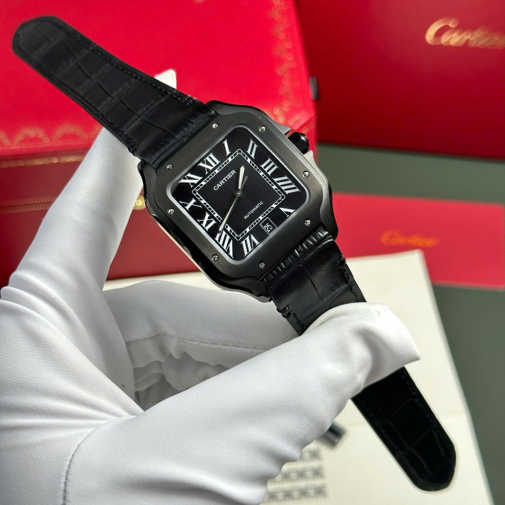 Đồng Hồ Cartier Santos de Cartier Replica Luxury Dây Da Đen Nhà Máy BV 39.8mm