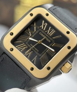 Alternative view of Cartier Santos 100 XL Black ADLC Replica Watch Black Dial Gold Bezel 41x51mm