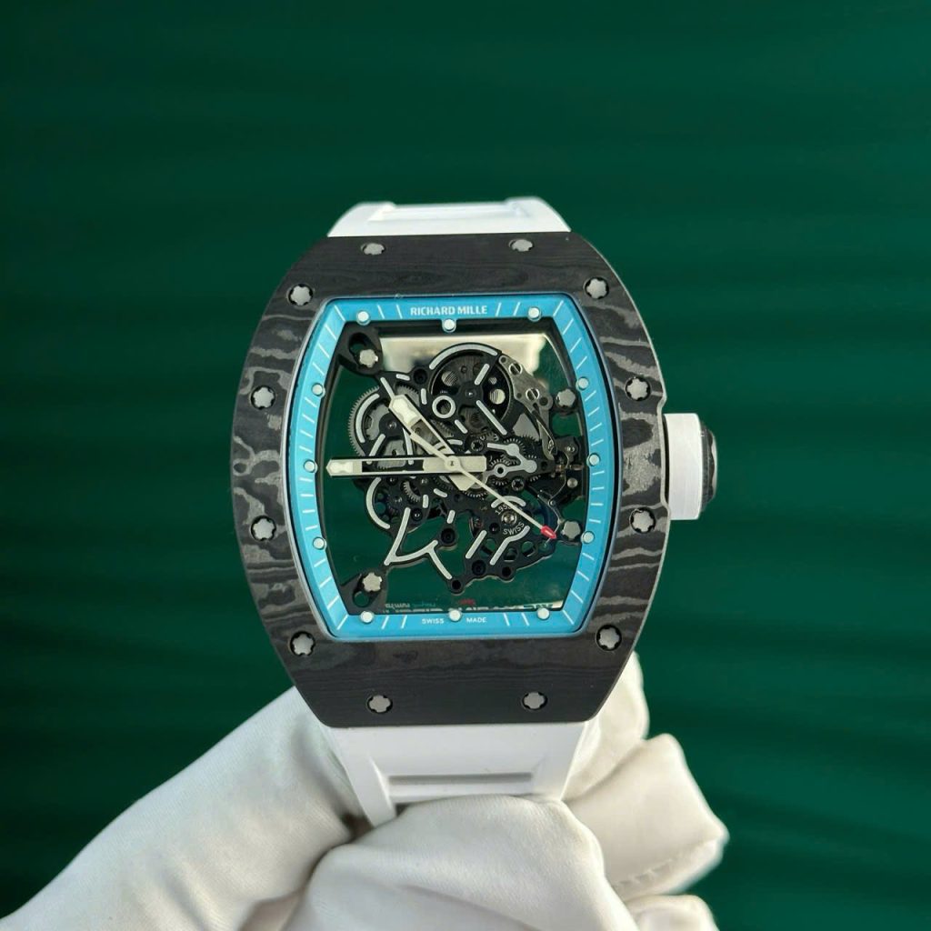Đồng Hồ Richard Mille Chế Tác Carbon NTPT RM055 Dây Cao Su Trắng Nhà Máy ZF 49.9×42.7mm