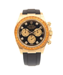 Rolex Daytona 116588SACO Yellow Gold Orange Sapphire Bezel Black Diamond Dial