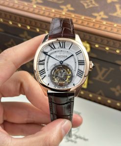 Cartier Drive Tourbillon Replica 11 Watch Guiloche Dial Brown Leather Strap 41mm