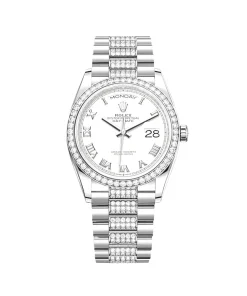 Rolex Day-Date 36 128349RBR White Gold Diamond Bezel White Dial
