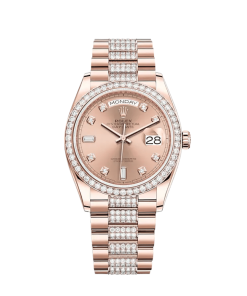 Rolex Day-Date 36 128345RBR Rose Gold Diamond Bezel Rosé Diamond Dial
