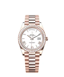 Rolex Day-Date 40 228235 Rose Gold White Roman Dial Diamond Bezel