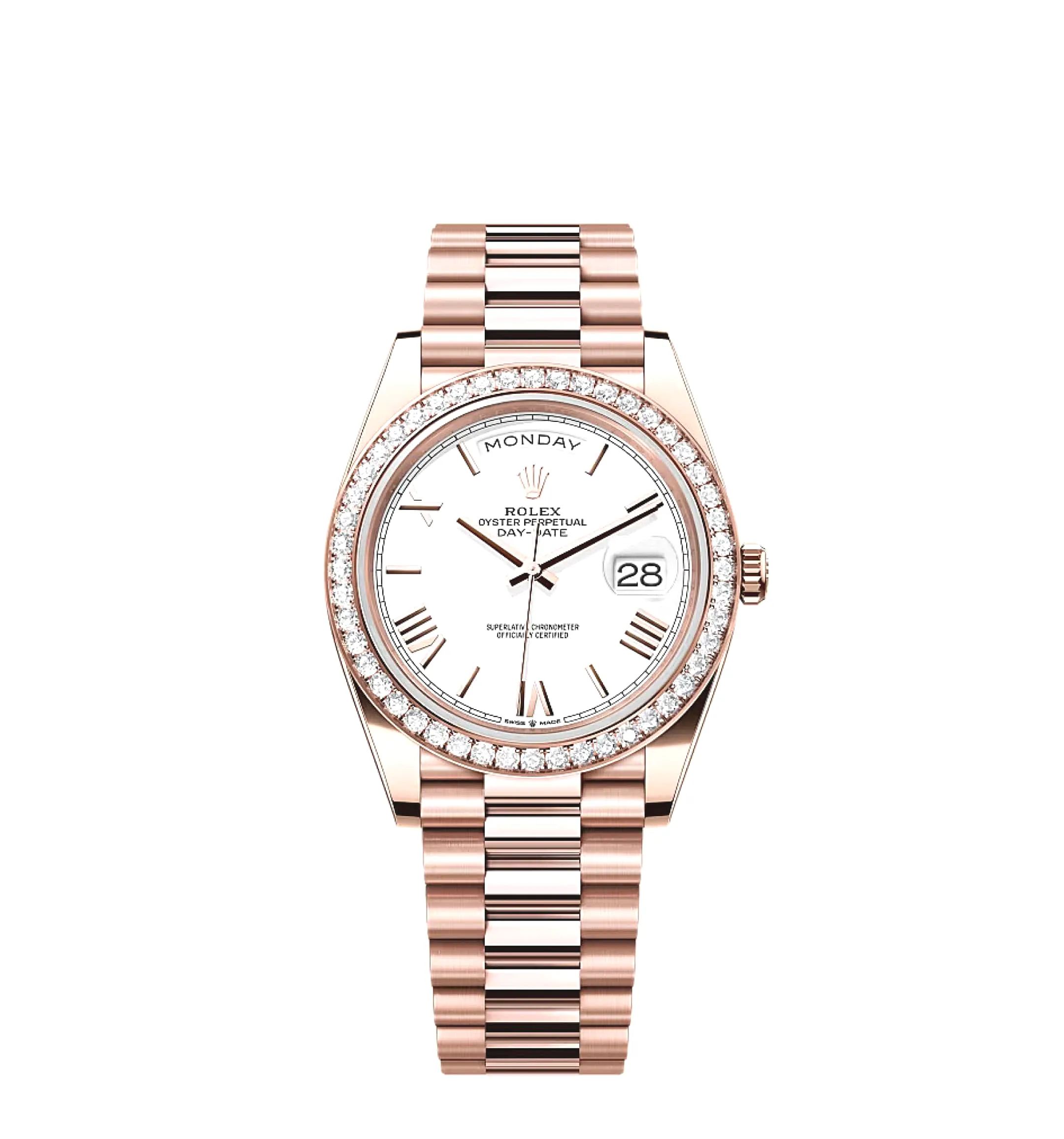 Rolex Day-Date 40 228235 Rose Gold White Roman Dial Diamond Bezel