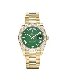 Rolex Day-Date 40 228348RBR Yellow Gold Green Roman Numeral Dial Diamond Bezel