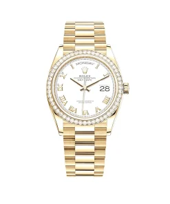 Rolex Day-Date 36 128348RBR Yellow Gold Diamond Bezel White Dial