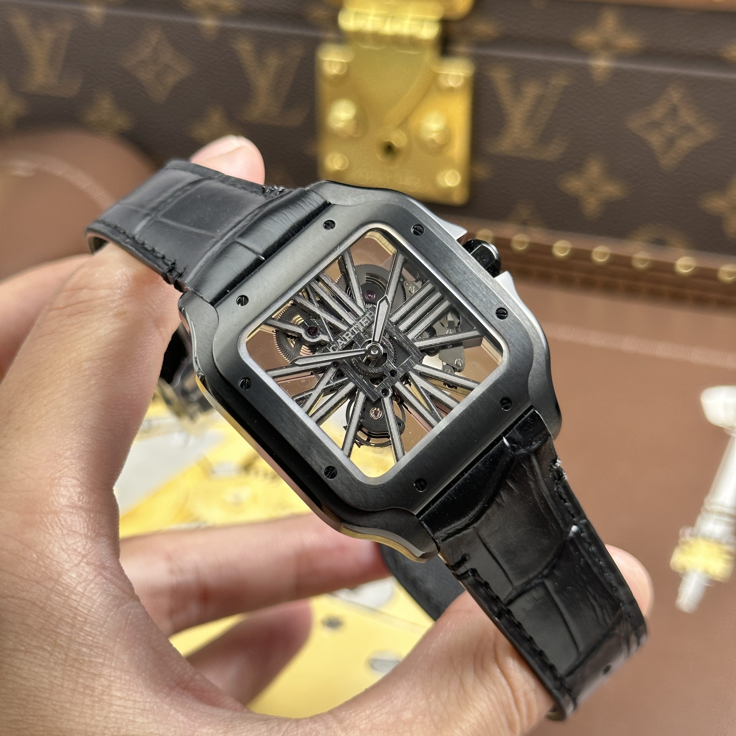 Cartier Santos de Cartier Rep High-End Skeleton Black Leather Strap Factory MLF 39.8mm - Image 3