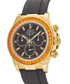 Alternative view of Rolex Daytona 116588SACO Yellow Gold Orange Sapphire Bezel Black Diamond Dial