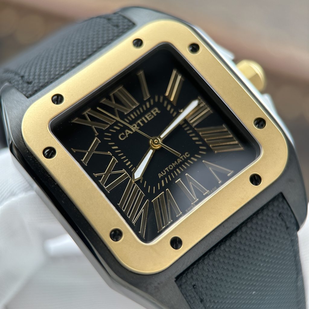 Đồng Hồ Cartier Santos 100 XL Black ADLC Chế Tác Mặt Đen Viền Vàng 41x51mm